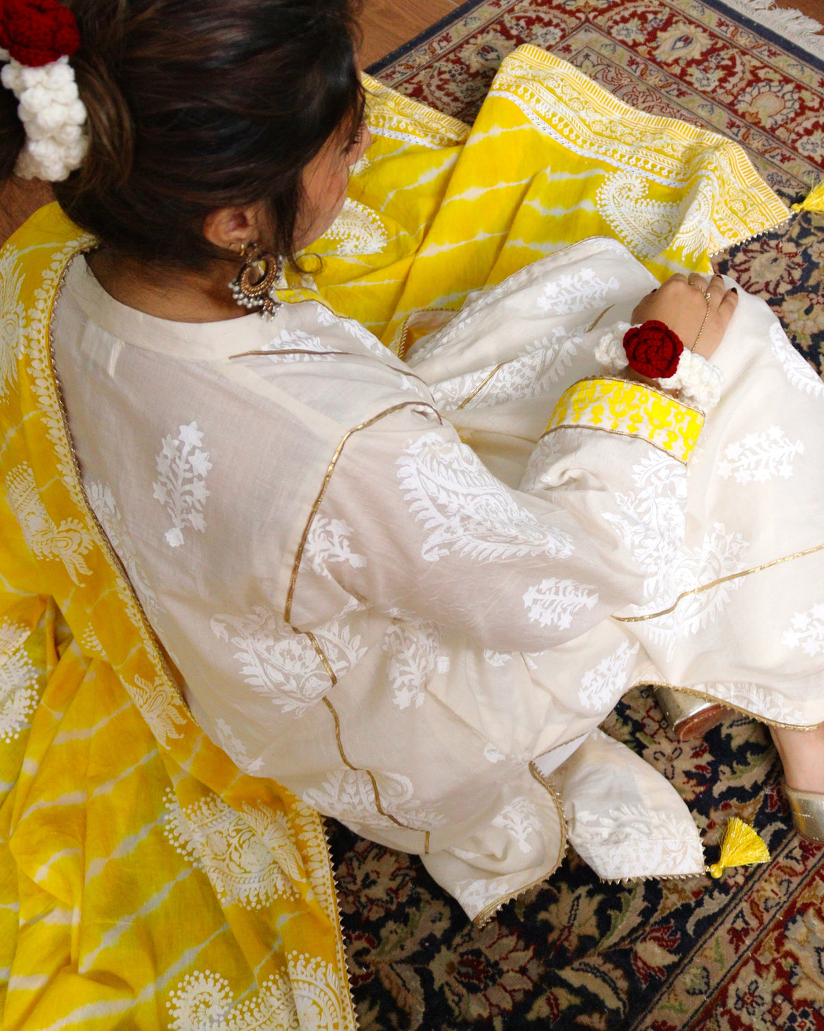 Marigold three-piece women’s lawn suit shown on model