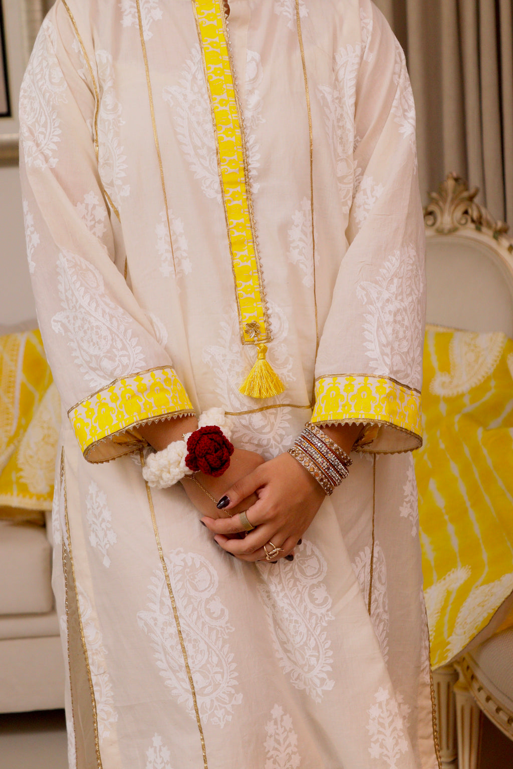 Marigold yellow and white block-print ensemble