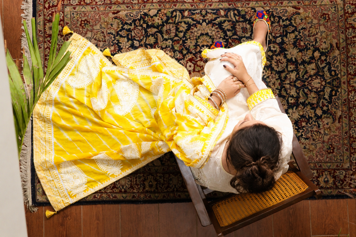 Marigold hand block-printed lawn shirt with yellow detailing