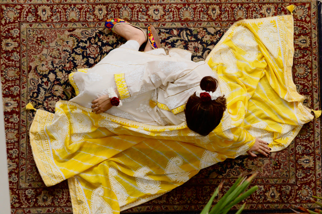 Marigold yellow and white three-piece lawn suit by Indigo Studio