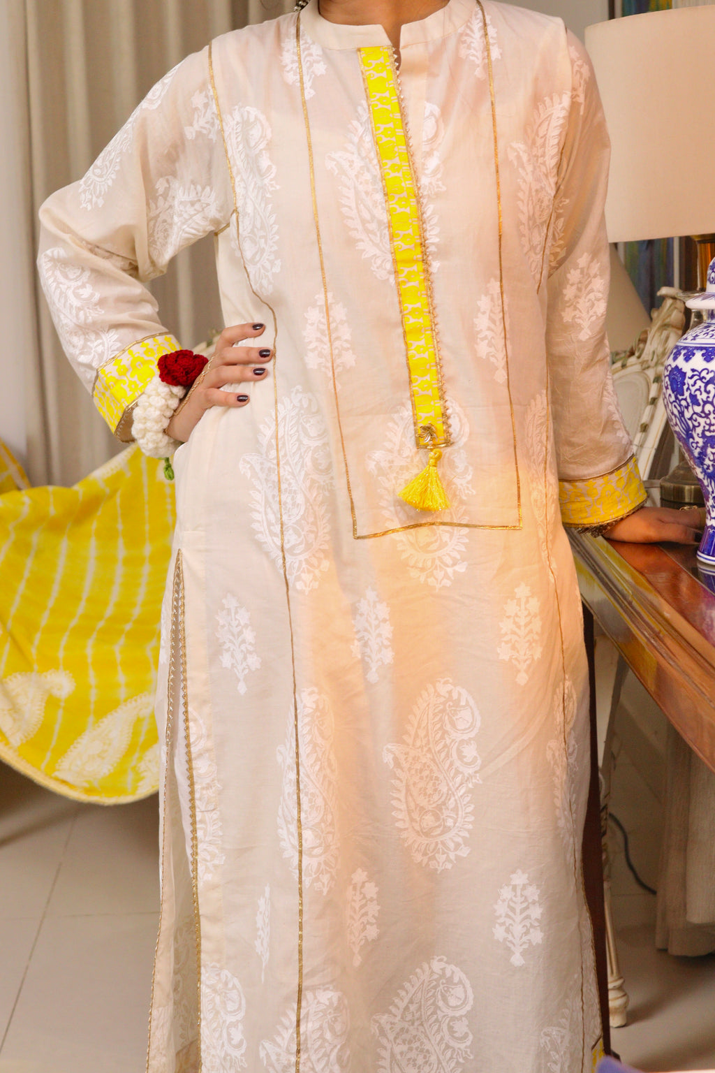 Marigold block-printed shirt and dupatta set