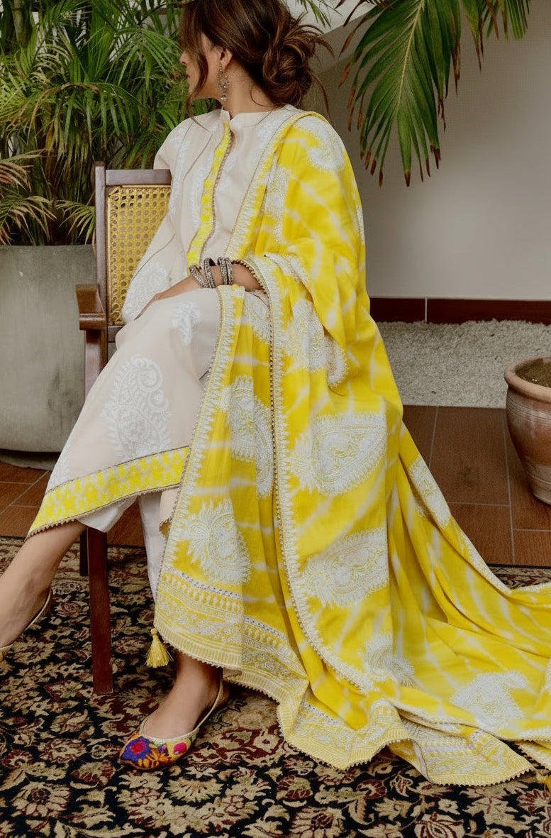 Marigold yellow kora lawn dupatta with white printed motifs