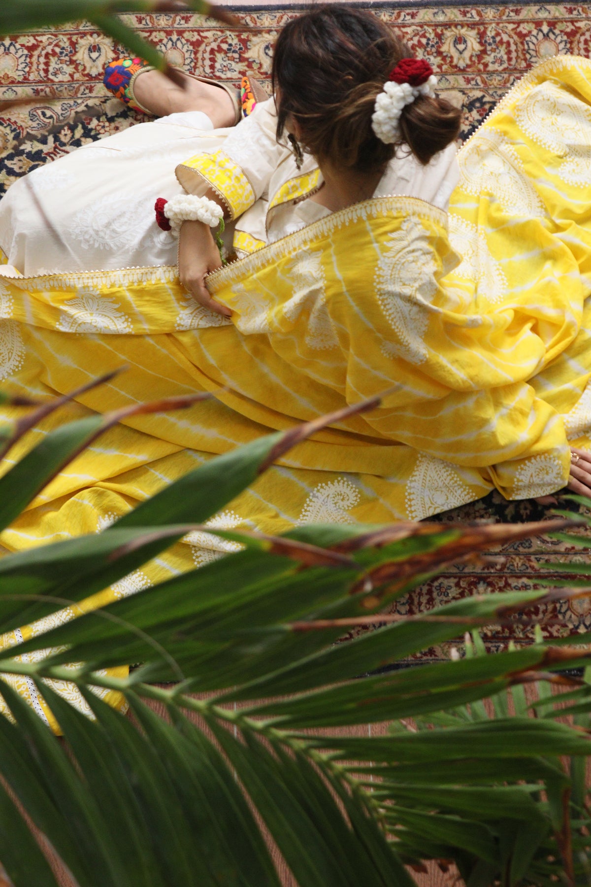 Marigold handcrafted yellow lawn suit side view